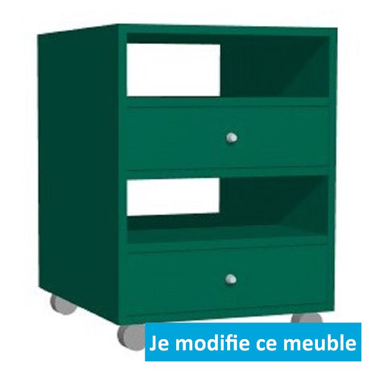 Caisse de bureau sur-mesure vert compartiments tiroirs roulettes