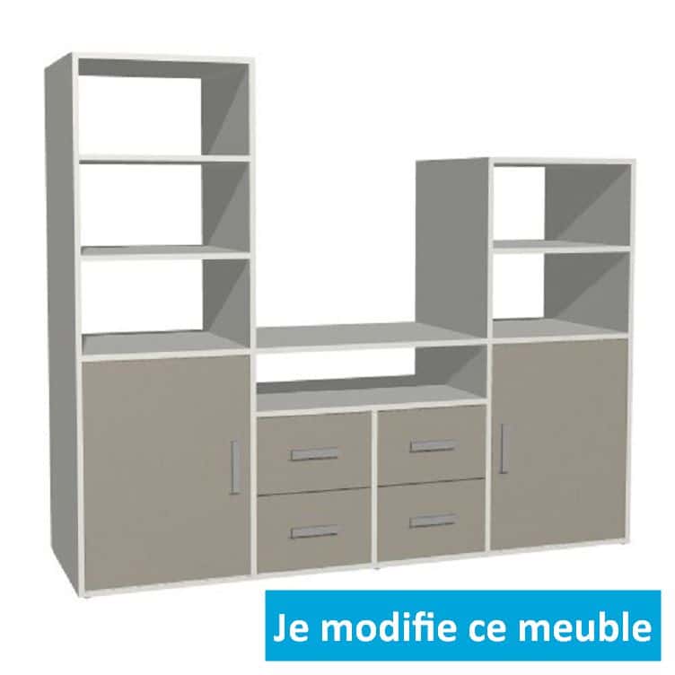 Meuble TV sur-mesure escalier niche portes tiroirs blanc gris