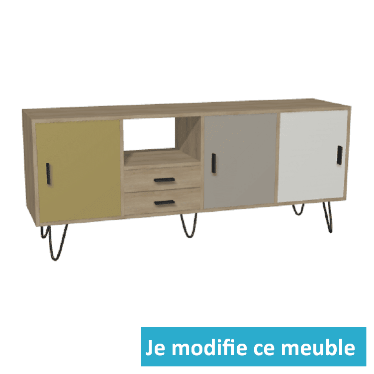 Buffet personnalisé largeur 2 mètres chêne blanc gris jaune moutarde compartiments