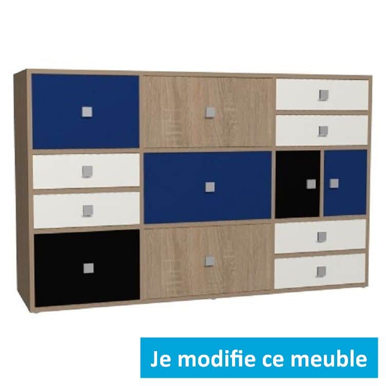 Large buffet personnalisé portes tiroirs bleu blanc noir chêne