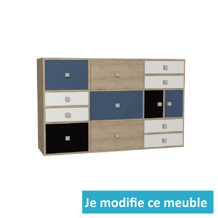 Large buffet personnalisé portes tiroirs bleu blanc noir bois