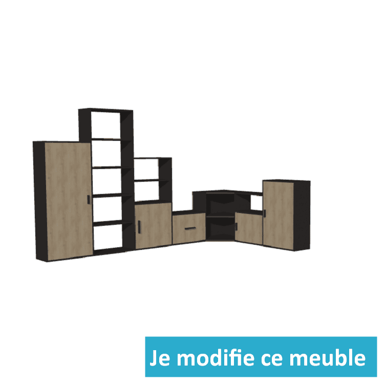 Bibliothèque d'angle gauche sur mesure avec tiroirs et portes