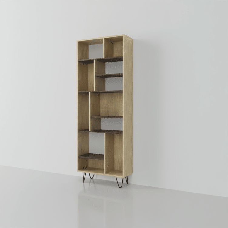Bibliothèque sur mesure avec rangements asymétrique bois gris blanc