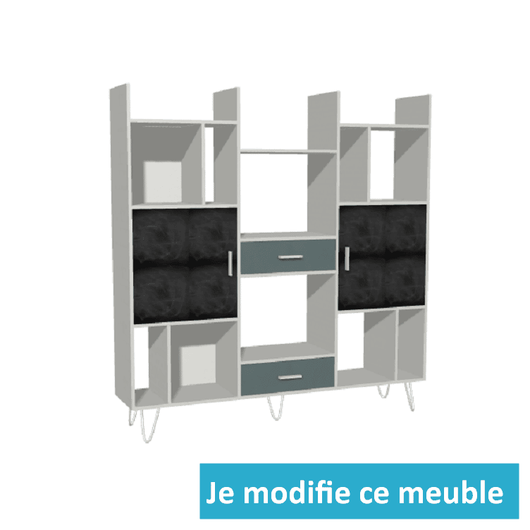 Bibliothèque destructurée blanche et grise avec les portes battantes en tableau noir