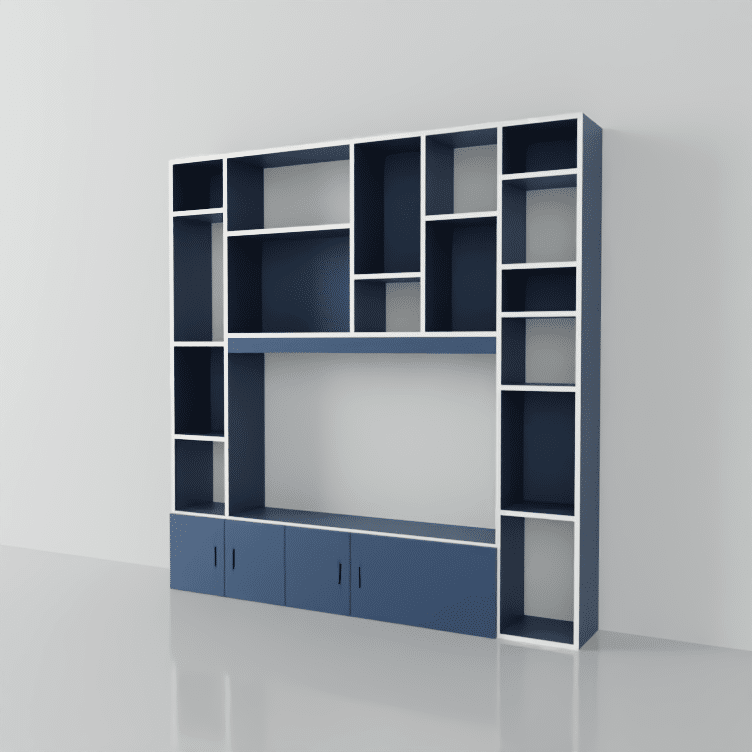 bibliotheque meuble TV bleu et bois