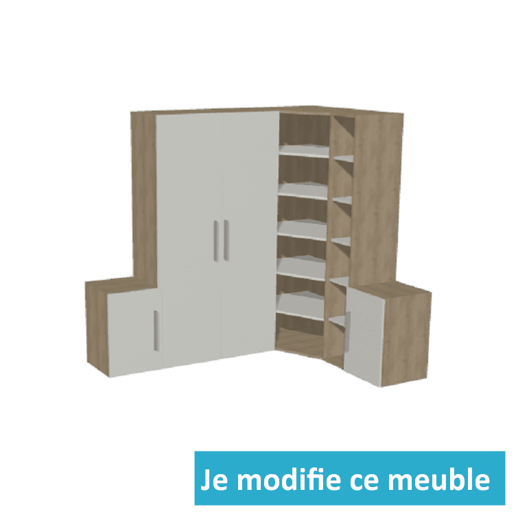 Penderie d'angle à droite sur mesure avec portes et étagères en bois