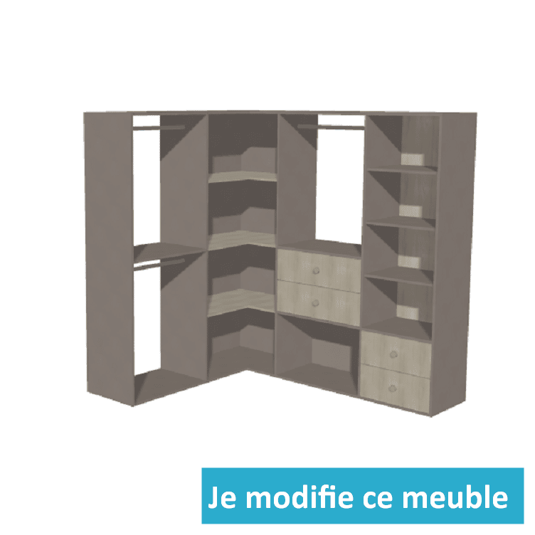 Armoire en L avec casiers tiroirs et penderies