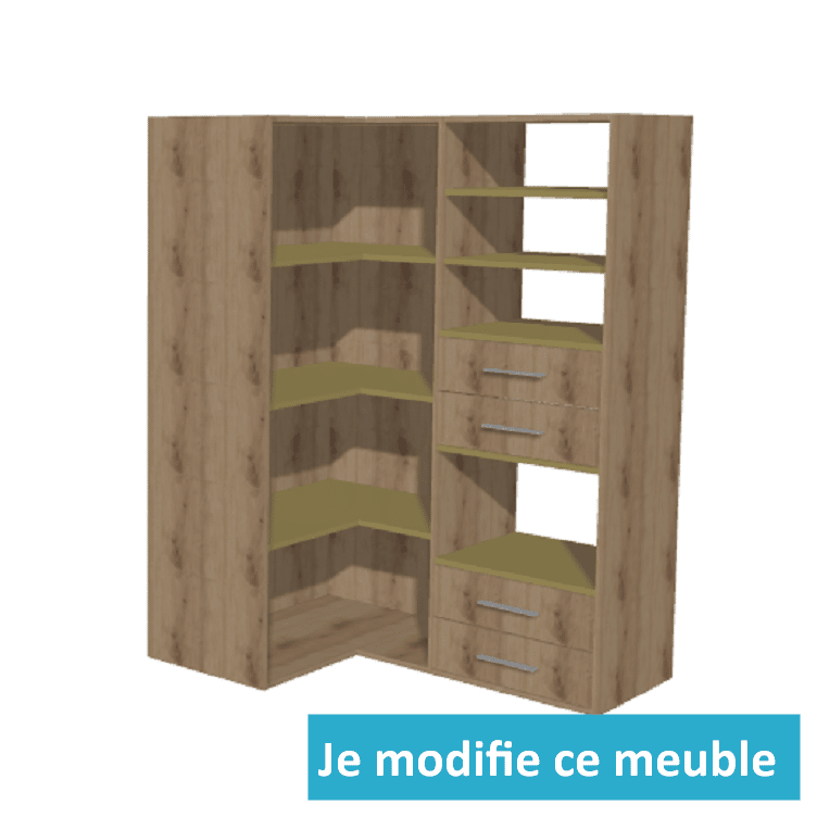 Petit dressing d'angle à droite avec tiroirs et étagères