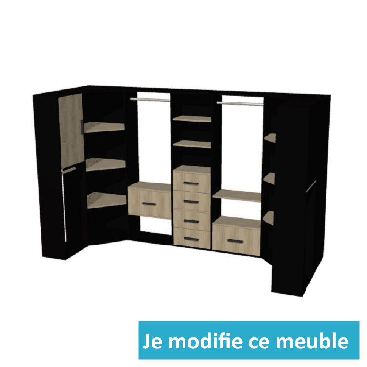 Dressing en u avec de nombreux tiroirs et barres de penderie