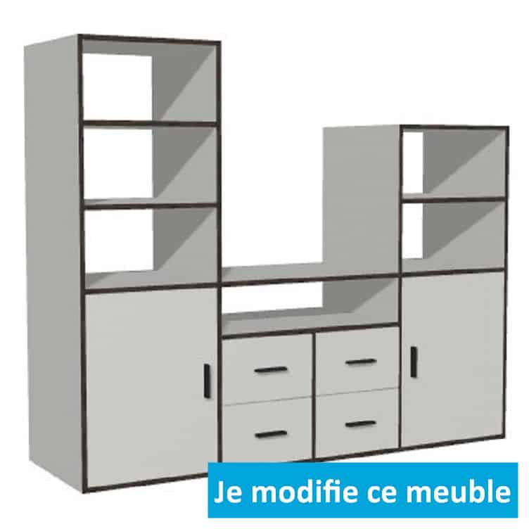 Meuble TV sur-mesure escalier niche portes tiroirs gris
