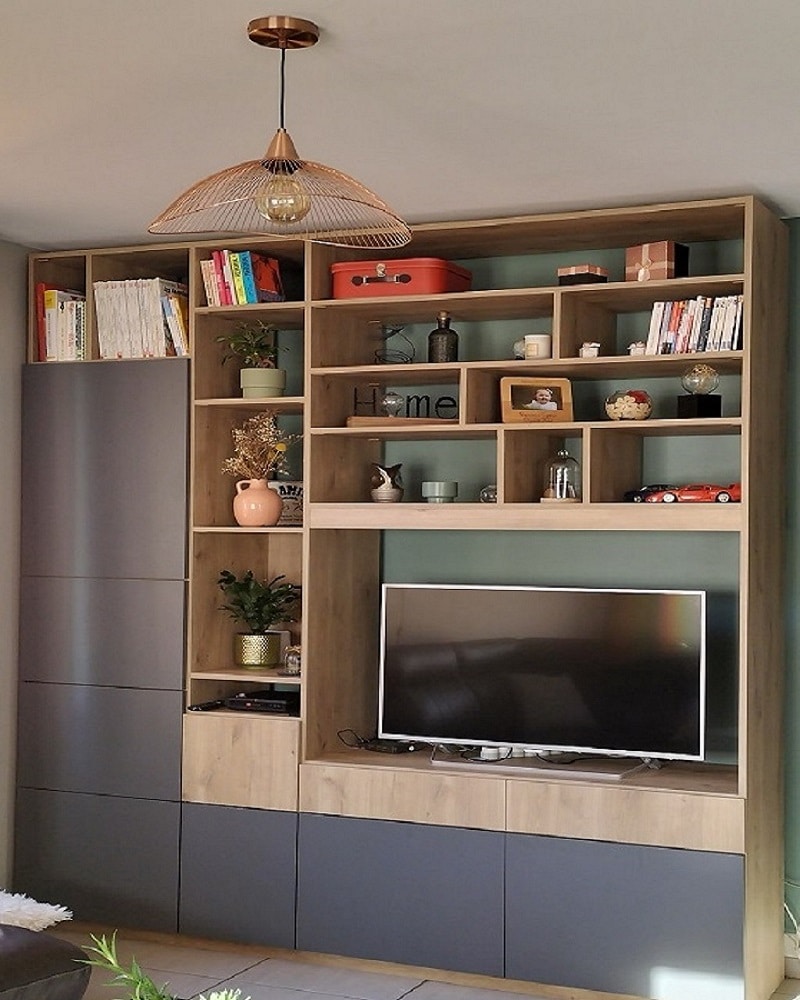 meuble bibliothèque tv sur mesure en bois et gris