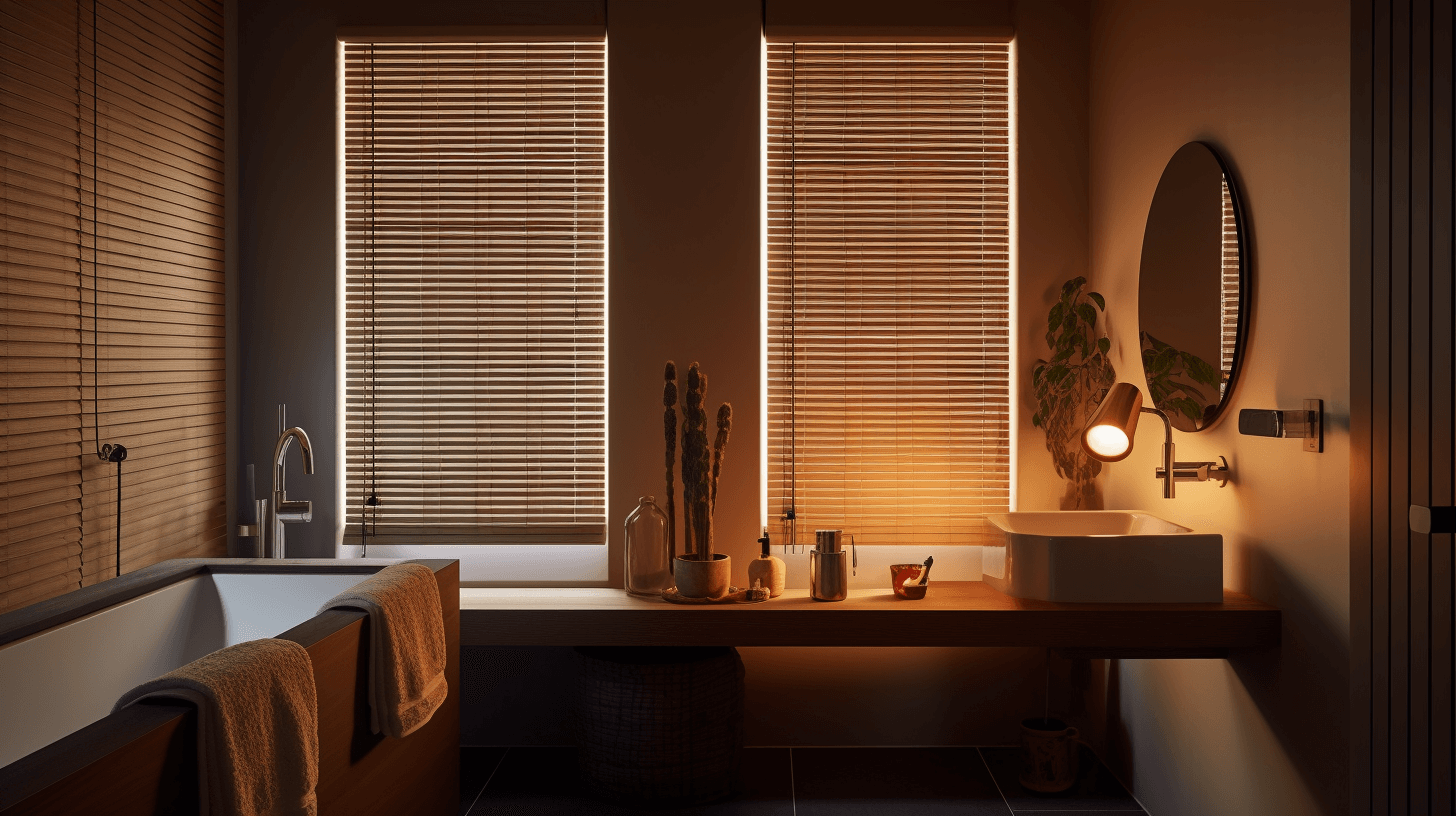 salle de bain avec stores en rotin, lumière douce