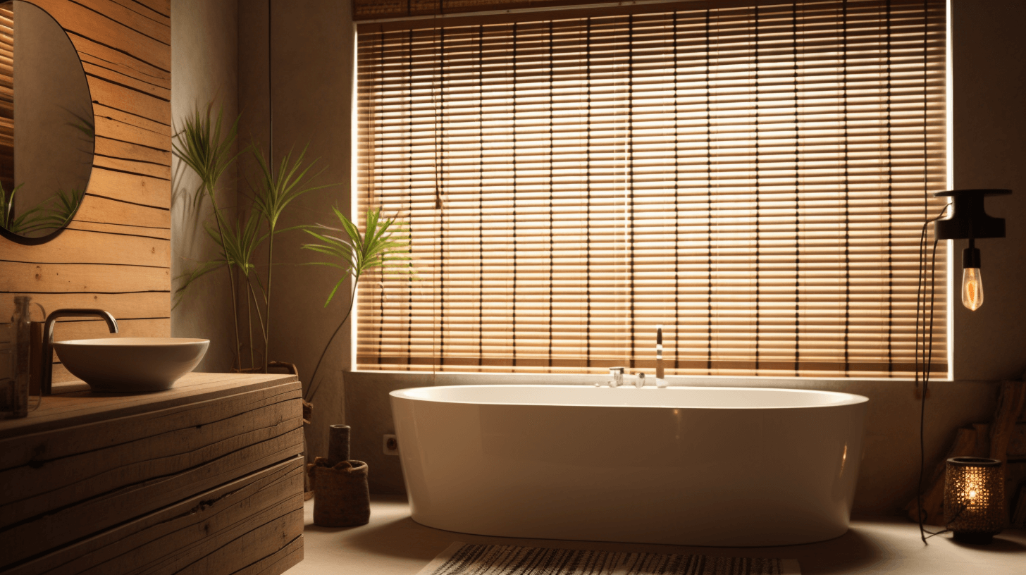 salle de bain moderne avec store en rotin, lumière chaleureuse