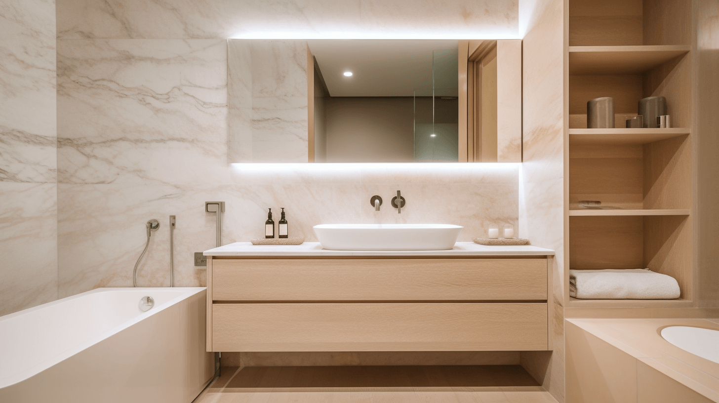 petite salle de bain couleur marbre et bois clair