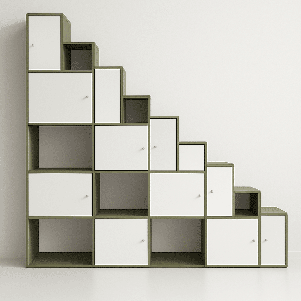 Meuble en forme escalier blanc et vert