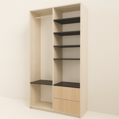 Dressing ouvert sur mesure pour chambre avec étagères et tiroirs – Tikimob