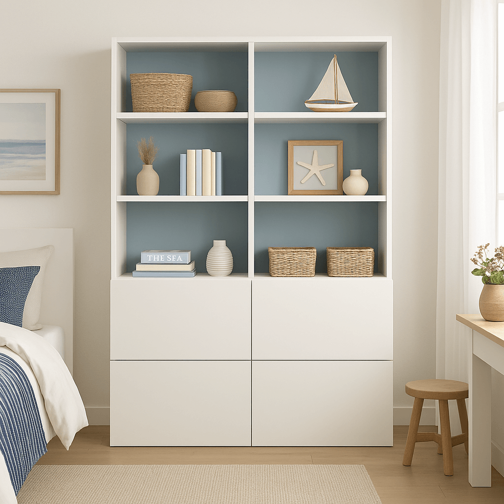 biblioth-que-sur-mesure-bleue-avec-rangements-bas-ferm-s