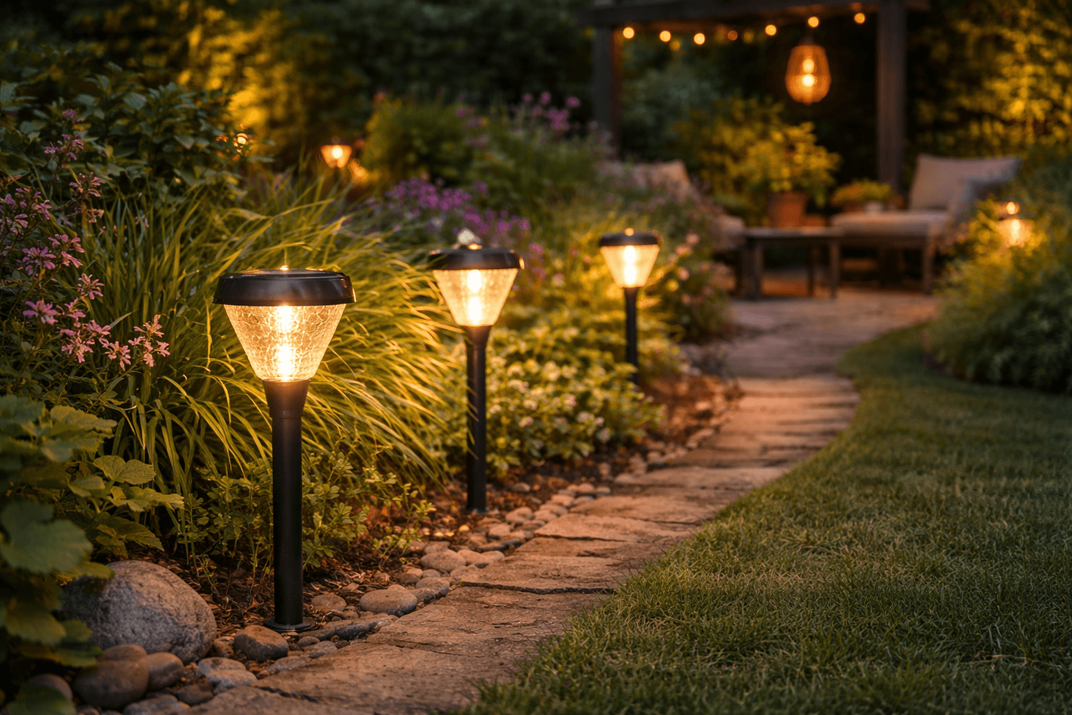 jardin avec lampes solaires