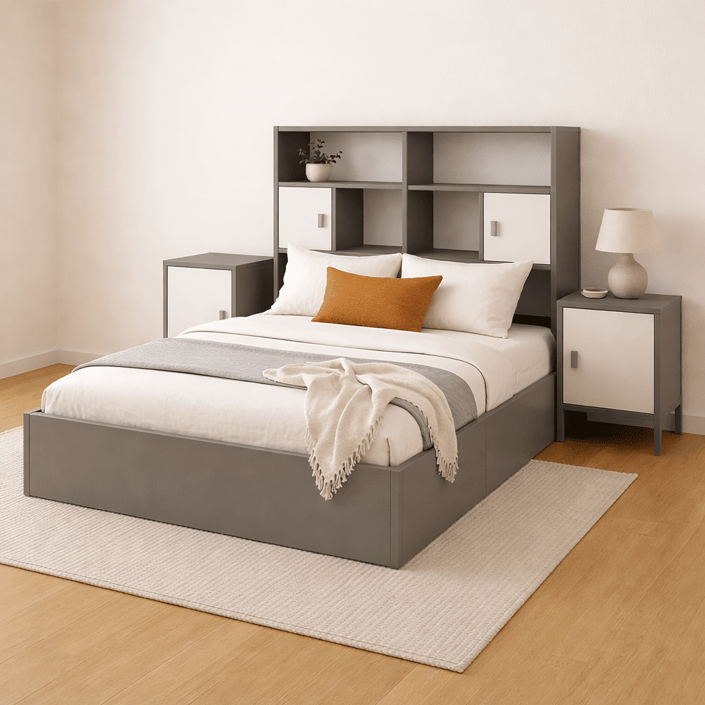 Chambre moderne avec lit gris et blanc (1)